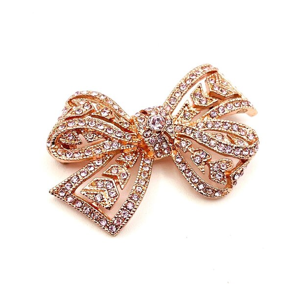 Kenneth Jay Lane KJL Rose Gold Tone Pink Pave Rhinestone Bow Brooch 2" - Picture 4 of 9